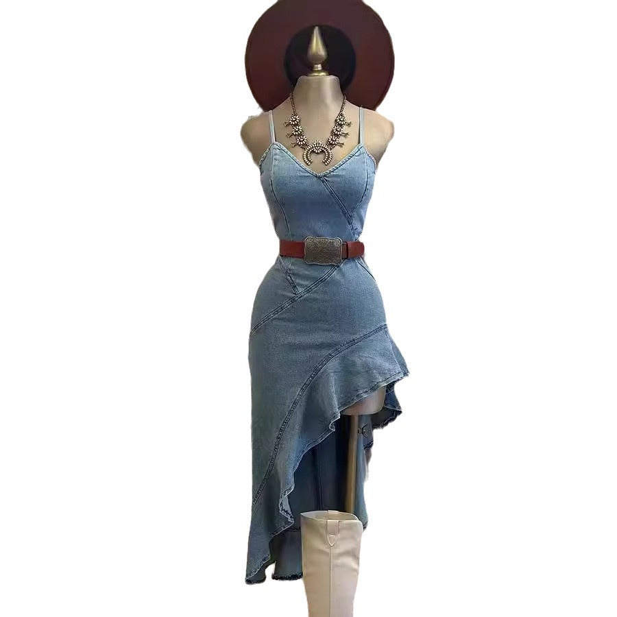 Women's - Denim Split Dress - Ruffle Hem & Trendy Style - Ideal for Casual Outings