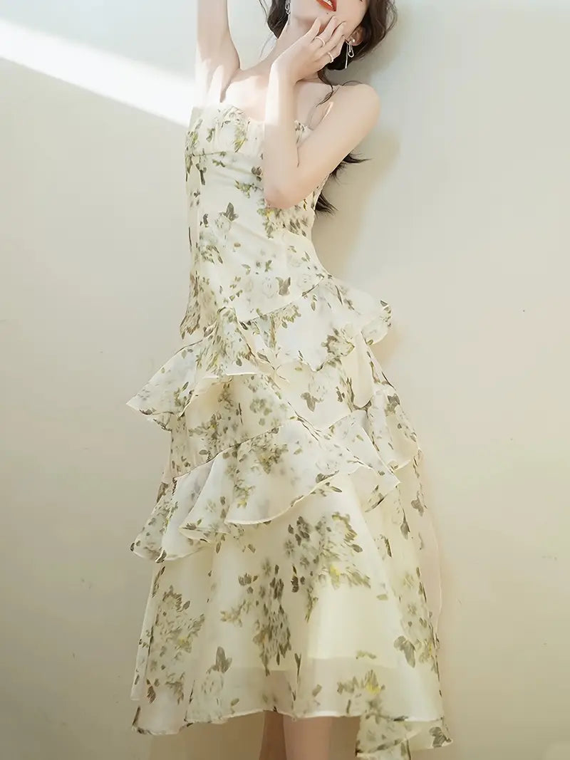 Women's - Elegant Green Floral Dress - Lightweight Spaghetti Strap Summer Dress - Stylish & Chic for Any Occasion