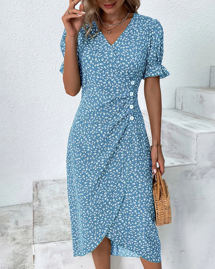 Women's - Chic Dress with Puff Sleeves and V-Neckline