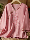 Women's - Linen Shirt - Women's 3/4 Sleeves, Pearl Buttons & Embroidery, Retro Style with Slanted Hem