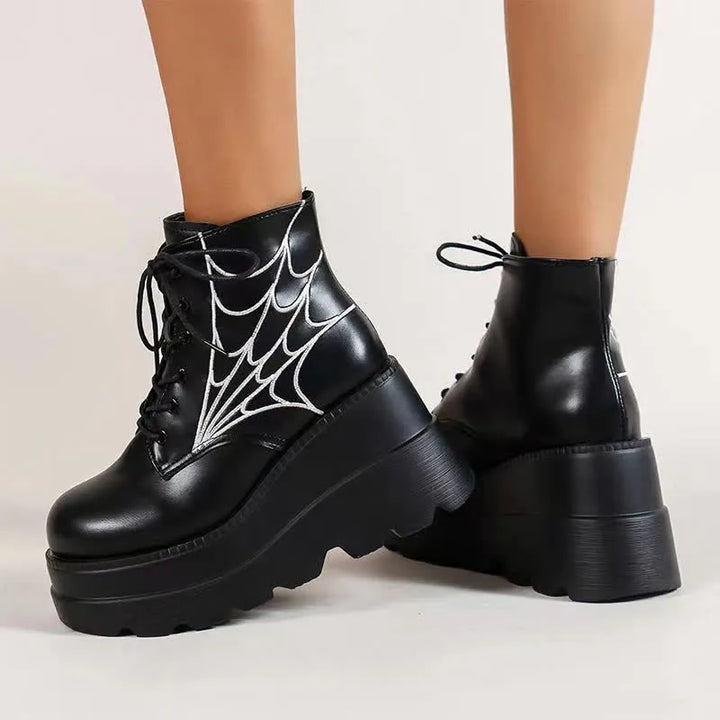 Gothic spider web lace-up boots