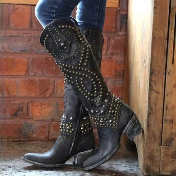 High boots with metal studs and cobby heel