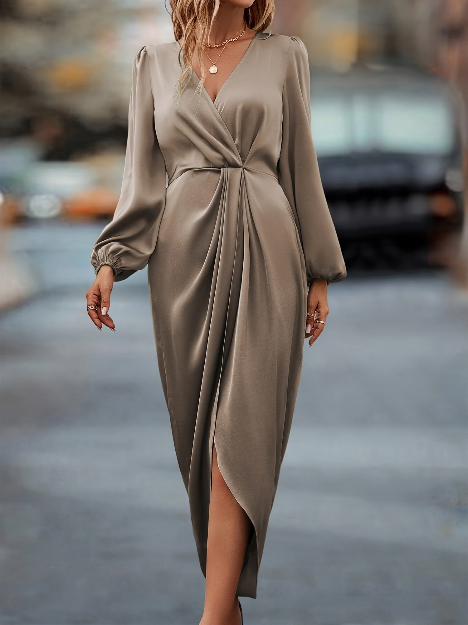 Women's - Ruched Long Sleeve Dress - Formal Wear