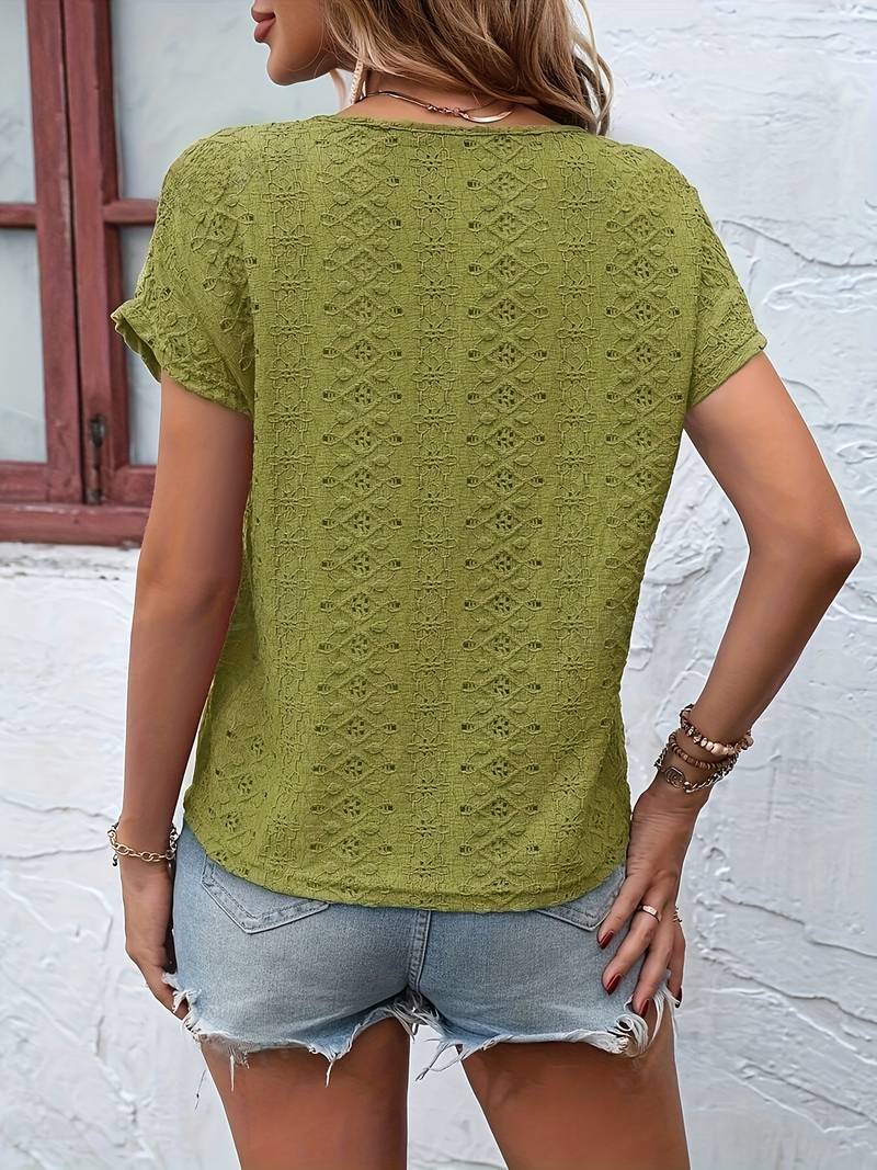 T-shirt with slit neckline and openwork embroidery