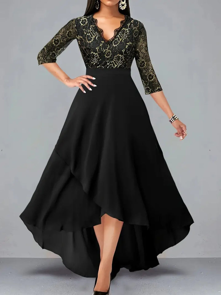 Maxi Dress With V-Neck, Three-Quarter Sleeves and Lace Edge