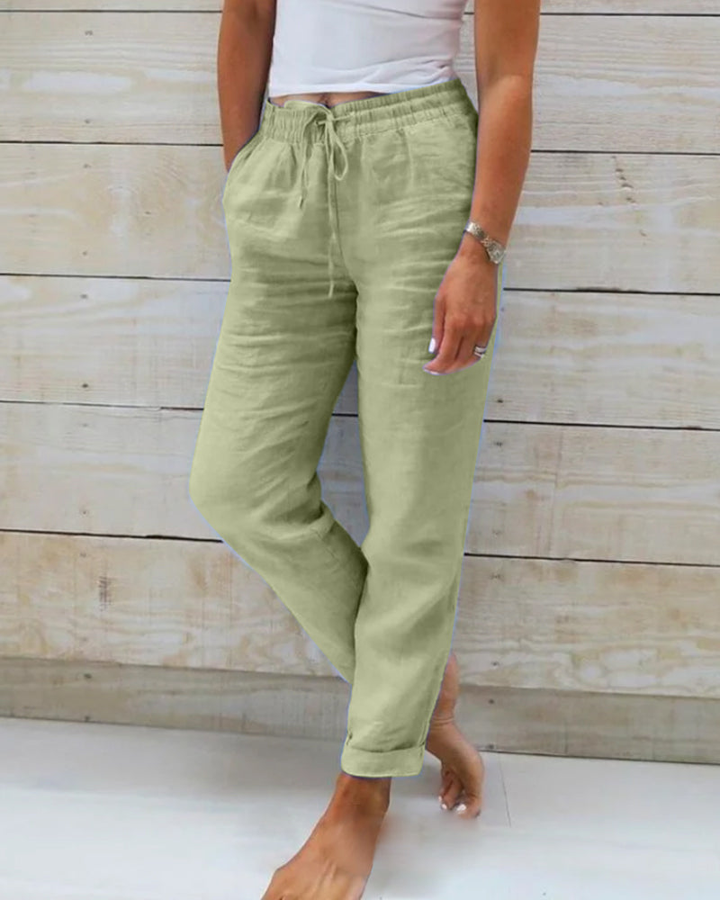 Women's - Linen Trousers - Cotton Blend, Elasticated Waistband - Comfortable Summer Essential