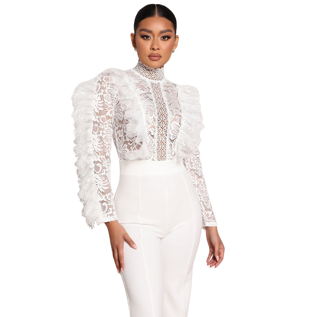 Lace blouse with high collar, feather trim