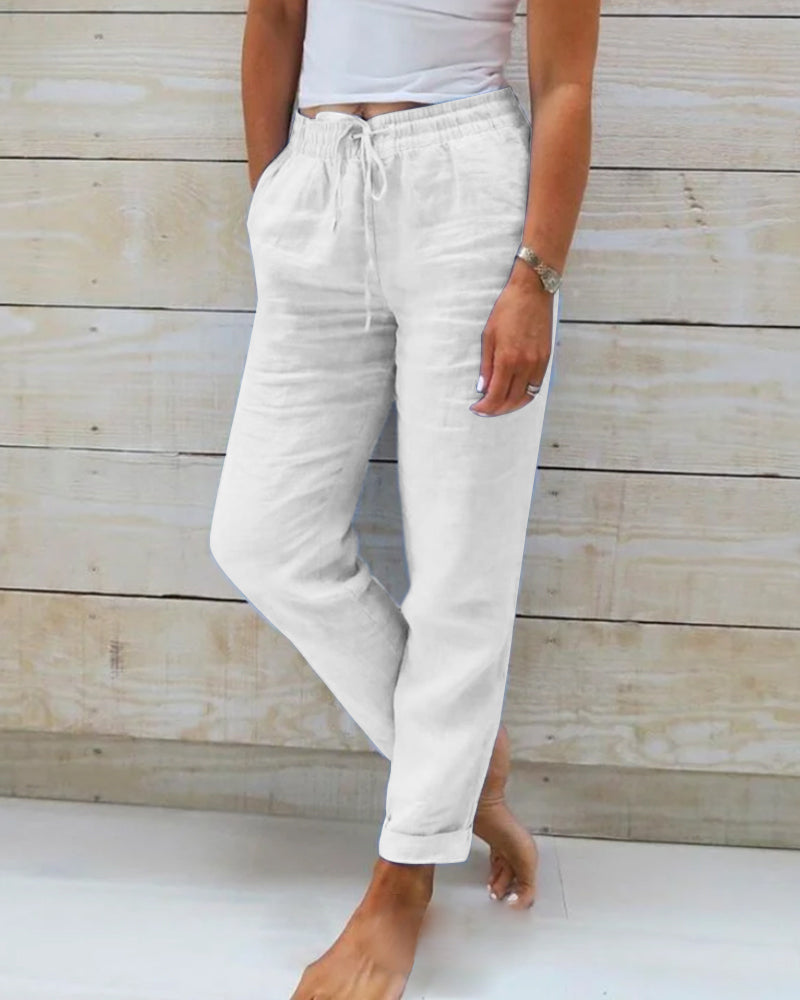 Women's - Linen Trousers - Cotton Blend, Elasticated Waistband - Comfortable Summer Essential