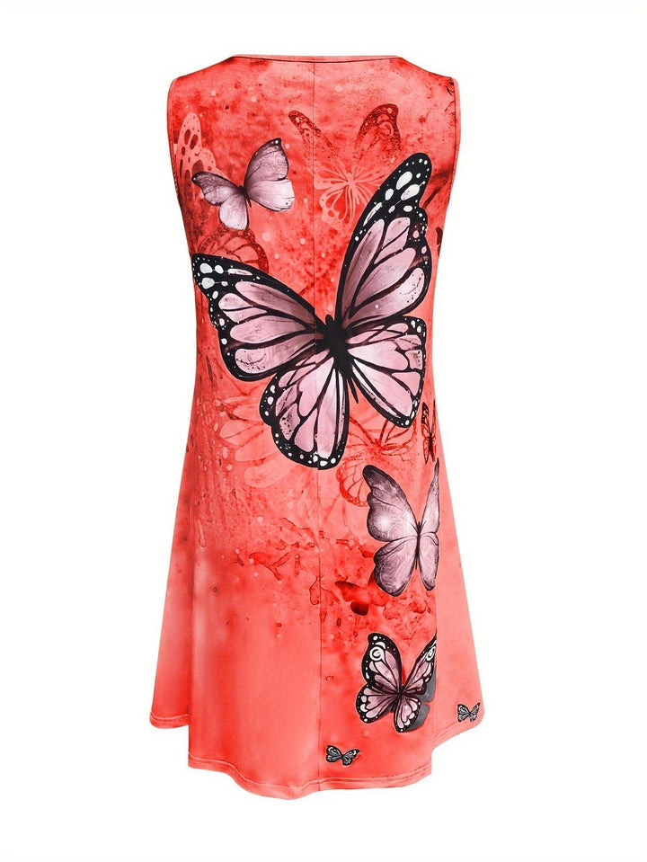 Women's - Butterfly Print Summer Dress - Sleeveless, Round Neck, Loose Fit - Perfect for Warm Weather