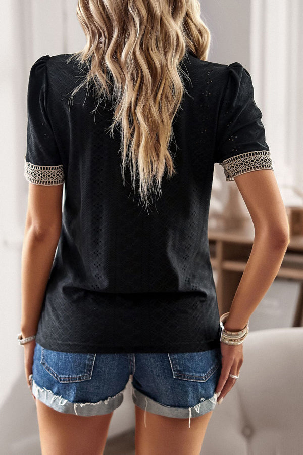 Neckline patchwork short sleeve casual tops