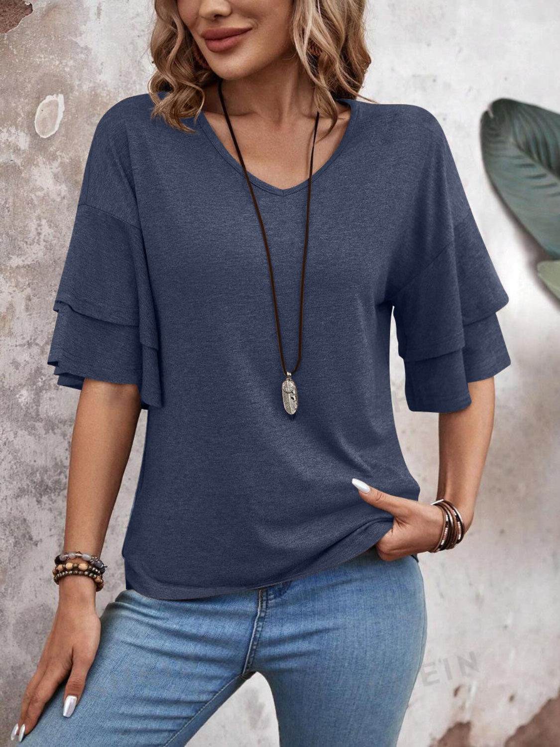 Women's - V-Neck Half Sleeve Blouse - Soft Fabric - Stylish Top