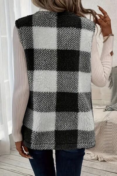 Women's - Cosy Sherpa Plaid Open Front Vest Coat - Stylish Layering Essential