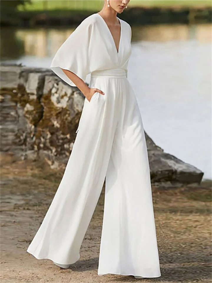 Women's - V-neck Jumpsuit - Wide Leg Design