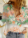 Women's -  Linen Shirt - Floral Pattern, Long Sleeves & Upturned Collar - Romantic Style for Effortless Elegance