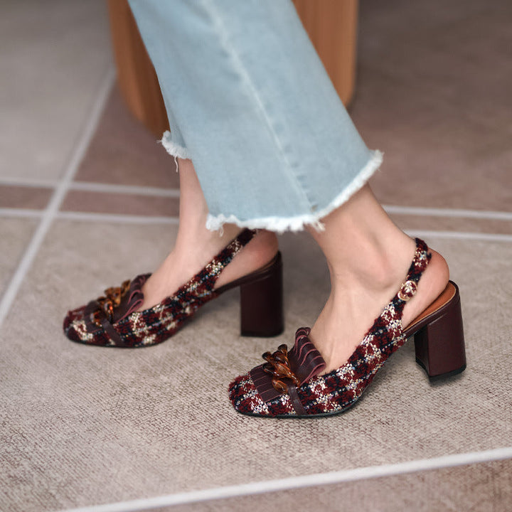 Shallow Plaid Fabric Head Tassel Sandals