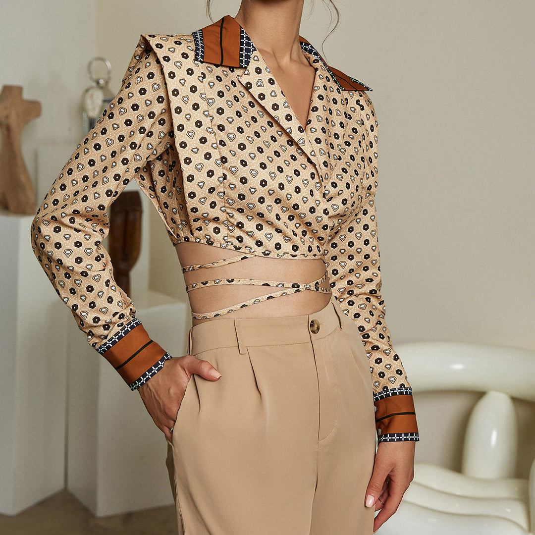 Fashionable cropped lapel slim fit blouse