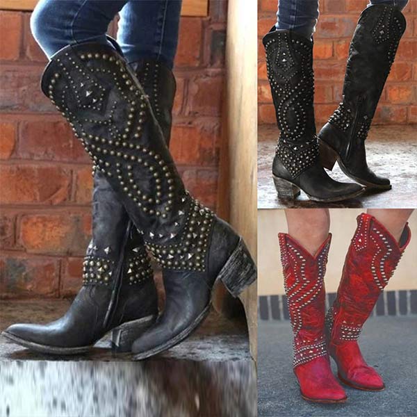 High boots with metal studs and cobby heel