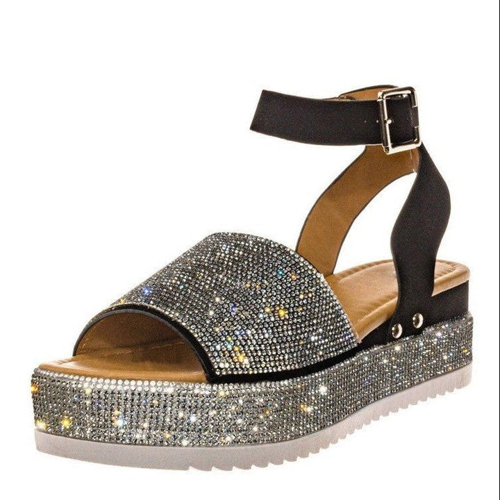 Platform wedge sandals with rhinestones