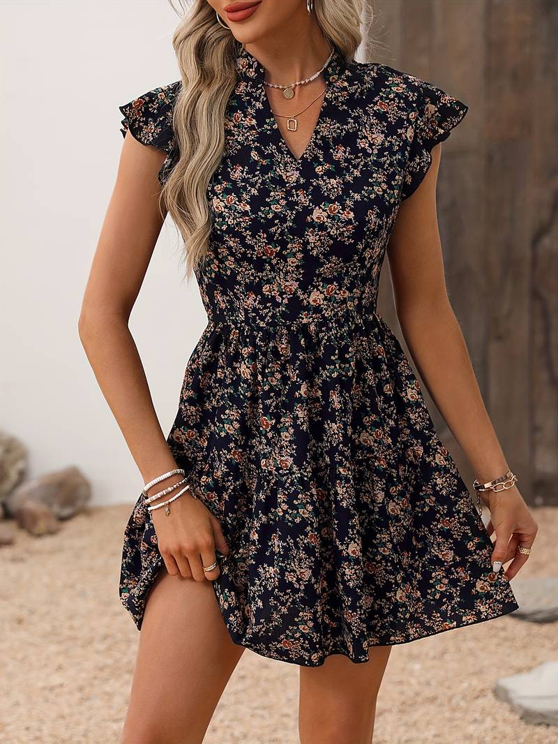 Dress With Floral Print And V-Neck