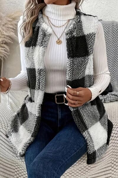 Women's - Cosy Sherpa Plaid Open Front Vest Coat - Stylish Layering Essential