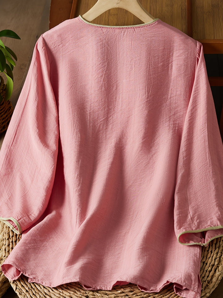 Women's - Linen Shirt - Women's 3/4 Sleeves, Pearl Buttons & Embroidery, Retro Style with Slanted Hem