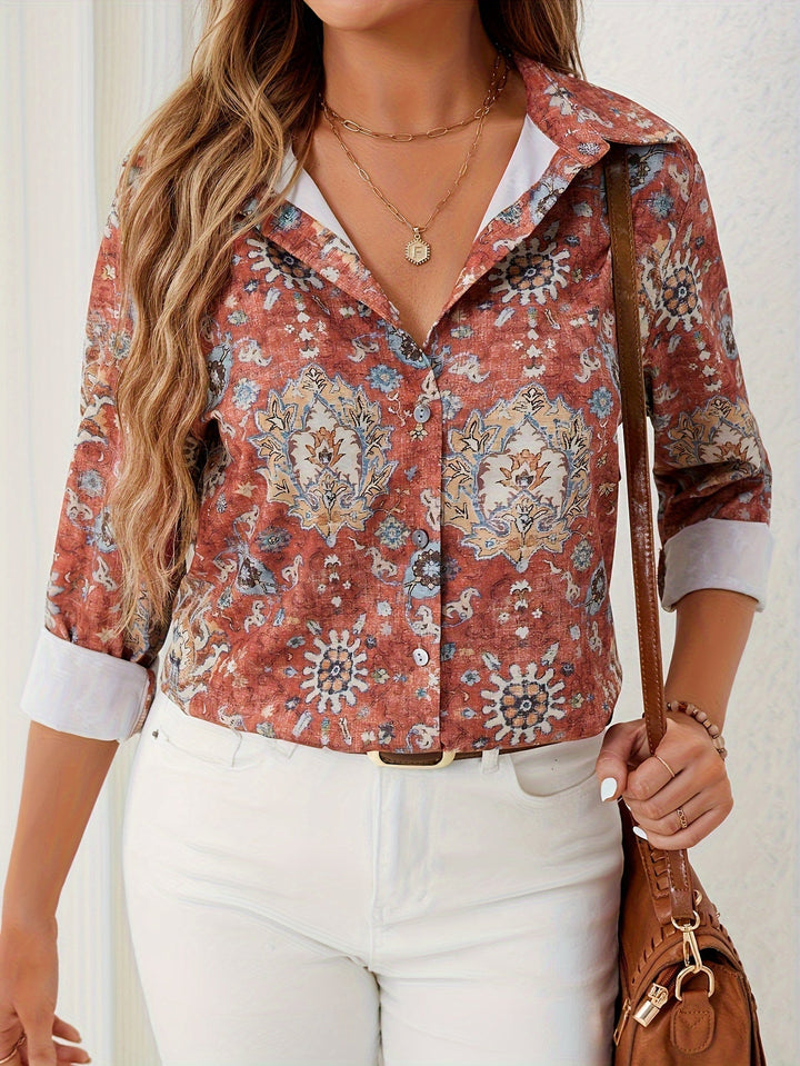 Women's - Long Sleeve Linen Shirt - Floral Pattern, Button Placket & White Cuffs - Stylish Summer Essential