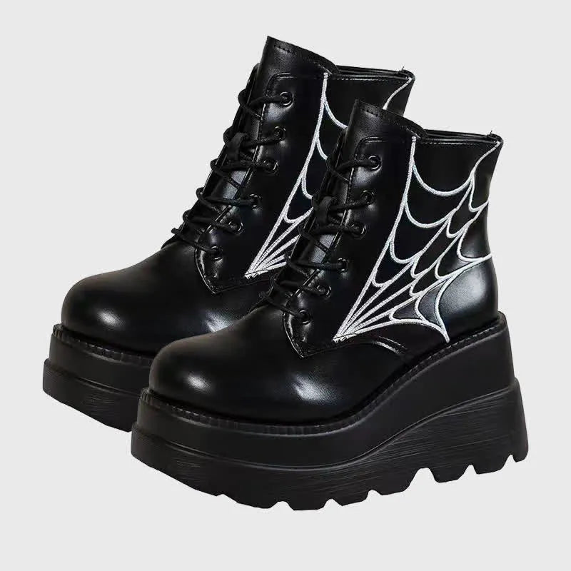 Gothic spider web lace-up boots