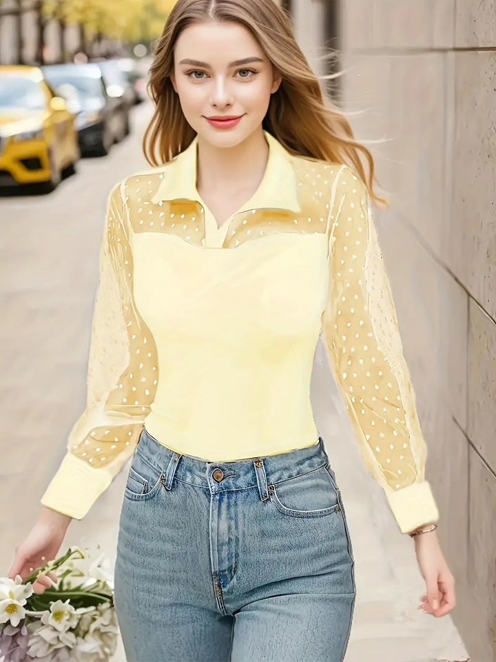 Plain, Transparent, Contrasting Chic Top With Collar and Long Sleeves