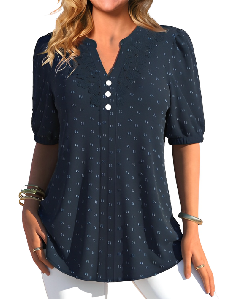 Short-sleeved printed button blouse