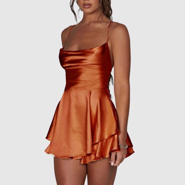 Satin mini dress with flounce trim