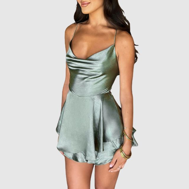 Satin mini dress with flounce trim