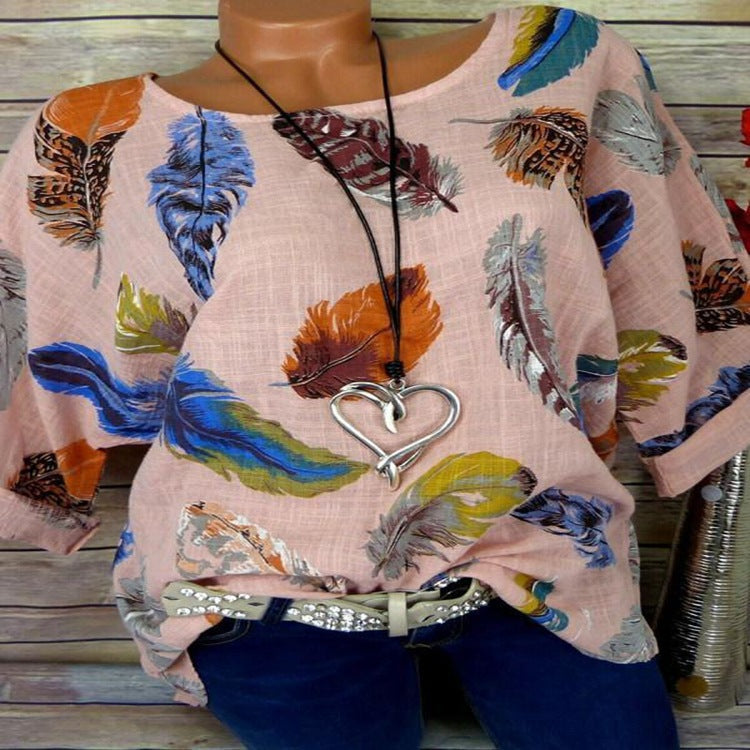 Modern feathers Colourful three-quarter sleeve blouse