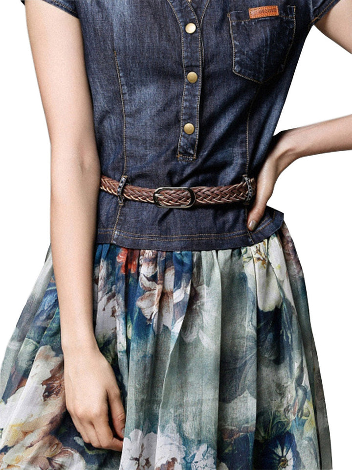 Stylish denim print V-neck dress