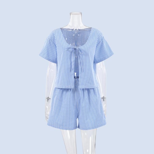 Gingham romper with keyhole neckline and bow detail