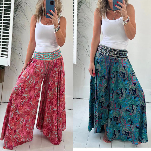 BohoBreeze™ - Lightweight ethnic paisley trousers with elasticated patchwork waistband