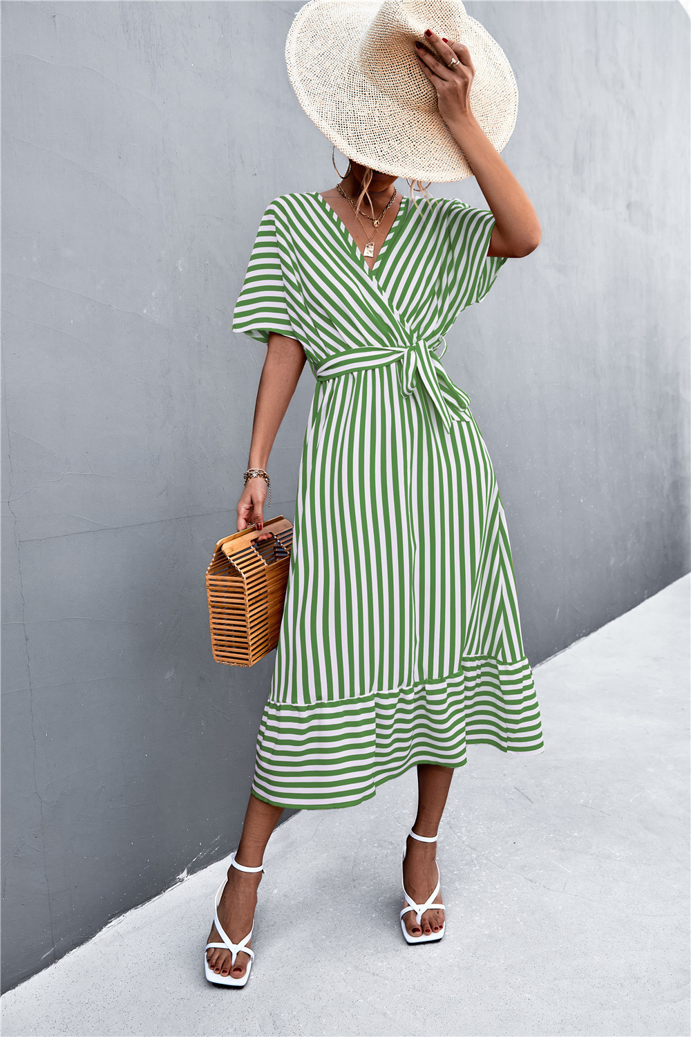 Striped long dress with wrap pattern