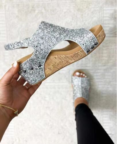 Designer summer chunky wedges sandals fashion sequins velcro fastening