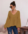 Puff sleeves single-coloured V-neck blouse T-shirt