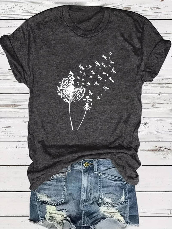 T-shirt with dandelion print and round neckline