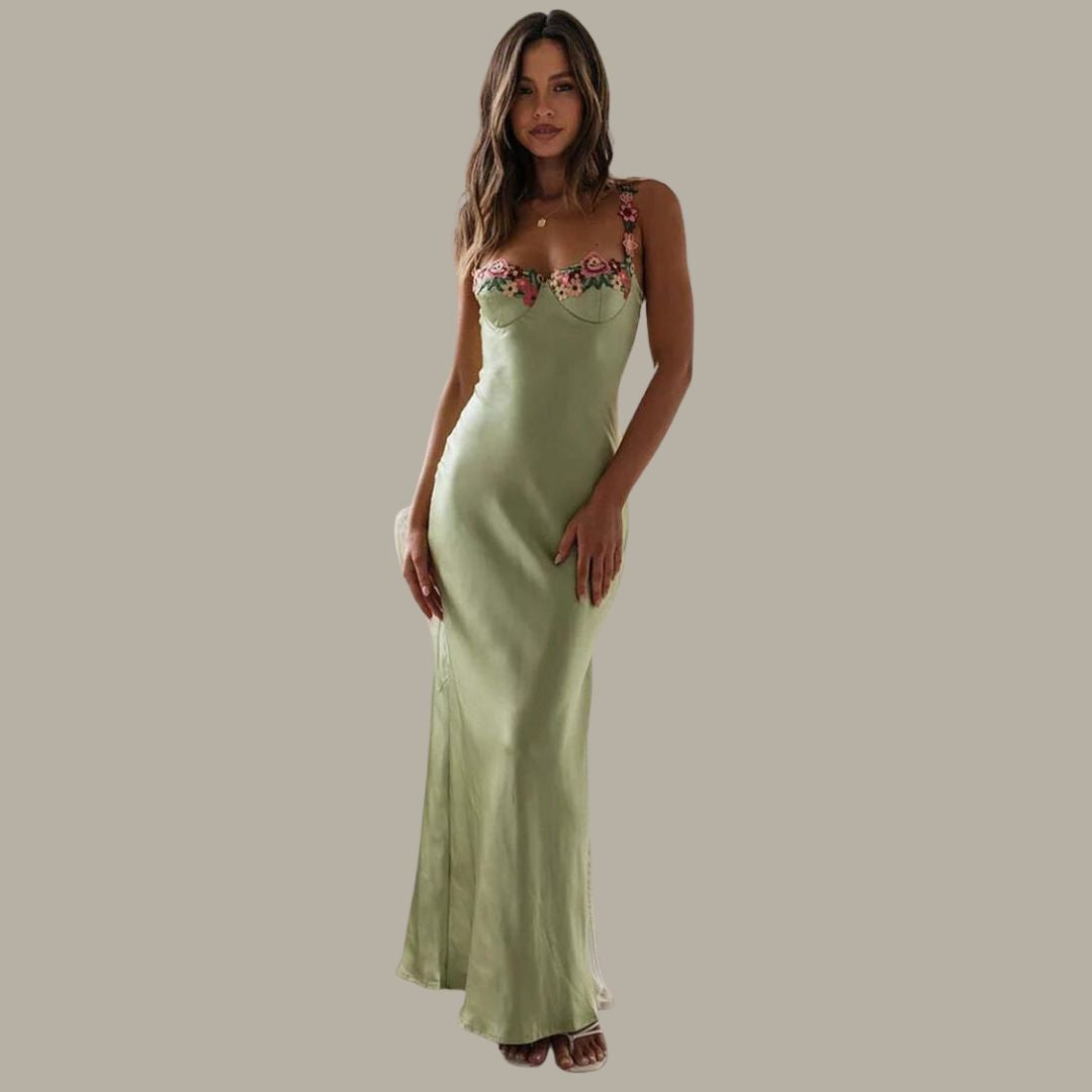 Elegant satin maxi dress with filigree floral embellishment