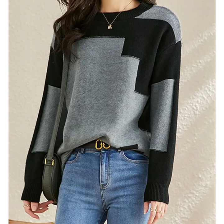 Women's Round Neck Sweater with Graphic Design, Soft Knit