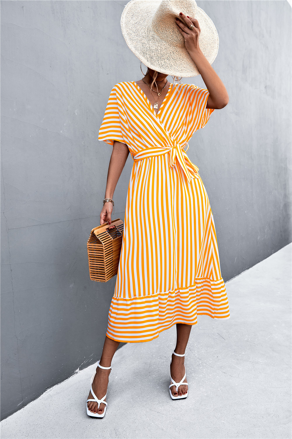 Striped long dress with wrap pattern