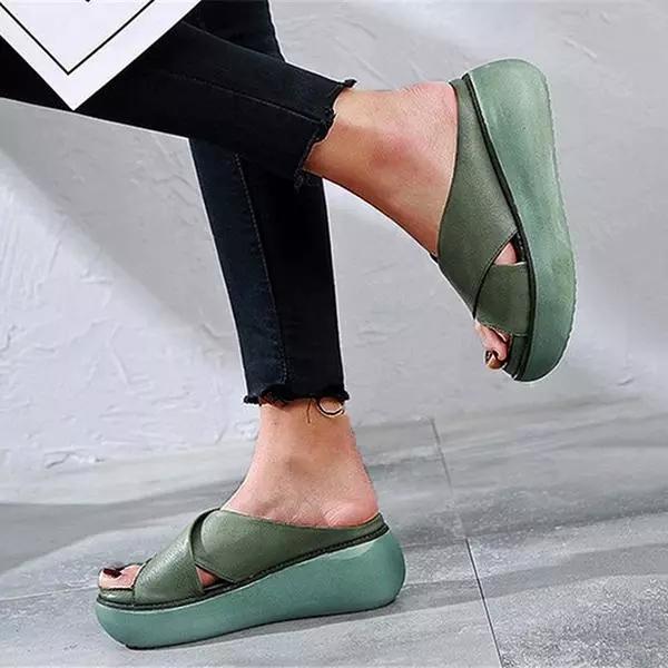 Soft platform sandals with thick leather heel