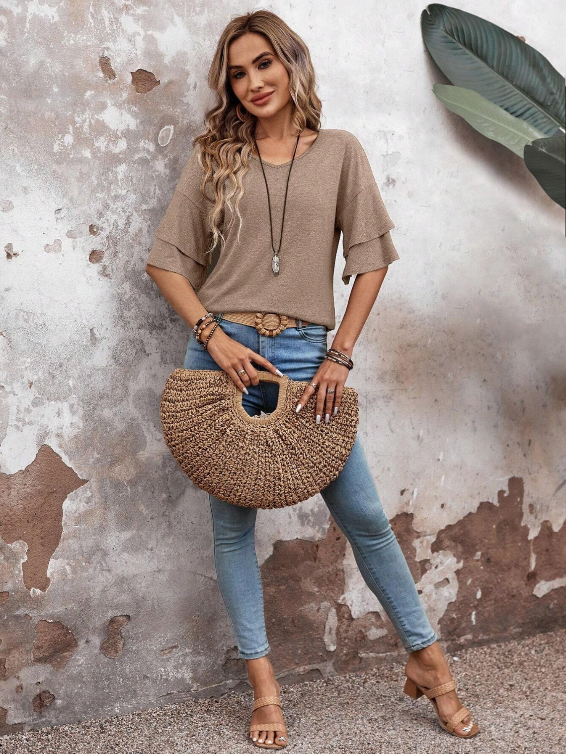 Women's - V-Neck Half Sleeve Blouse - Soft Fabric - Stylish Top