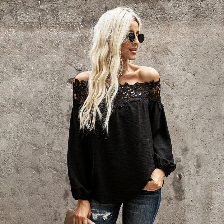 Trendsetting loose lace sewing one-line neckline blouse