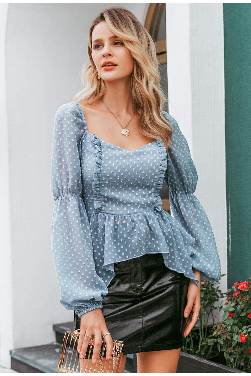 Modern Lantern Square Neck Lace Blouse blue