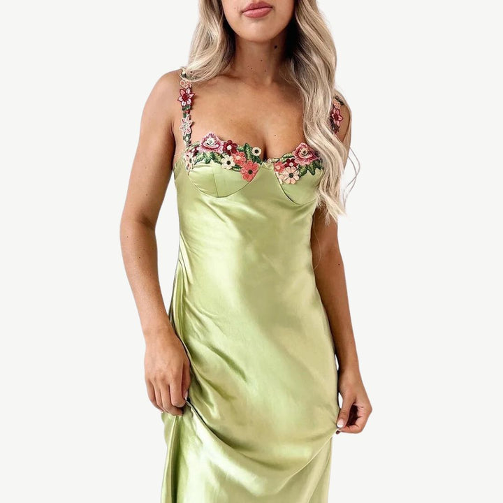 Elegant satin maxi dress with filigree floral embellishment