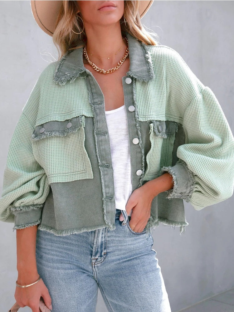 Distressed patchwork jacket with bell sleeves