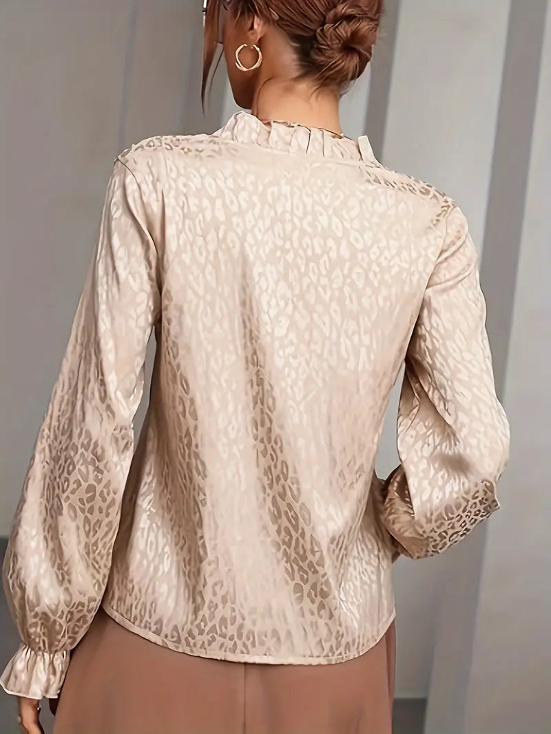 Casual Blouse With V-Neck, Ruffles and Long Sleeves and Leopard Print