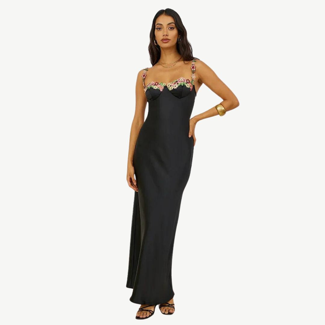 Elegant satin maxi dress with filigree floral embellishment